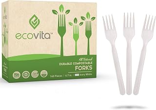 Ecovita Compostable Forks, 140 Large 7in BPI Certified Eco-Friendly Heat-Resistant Plant-Based Disposable Utensils