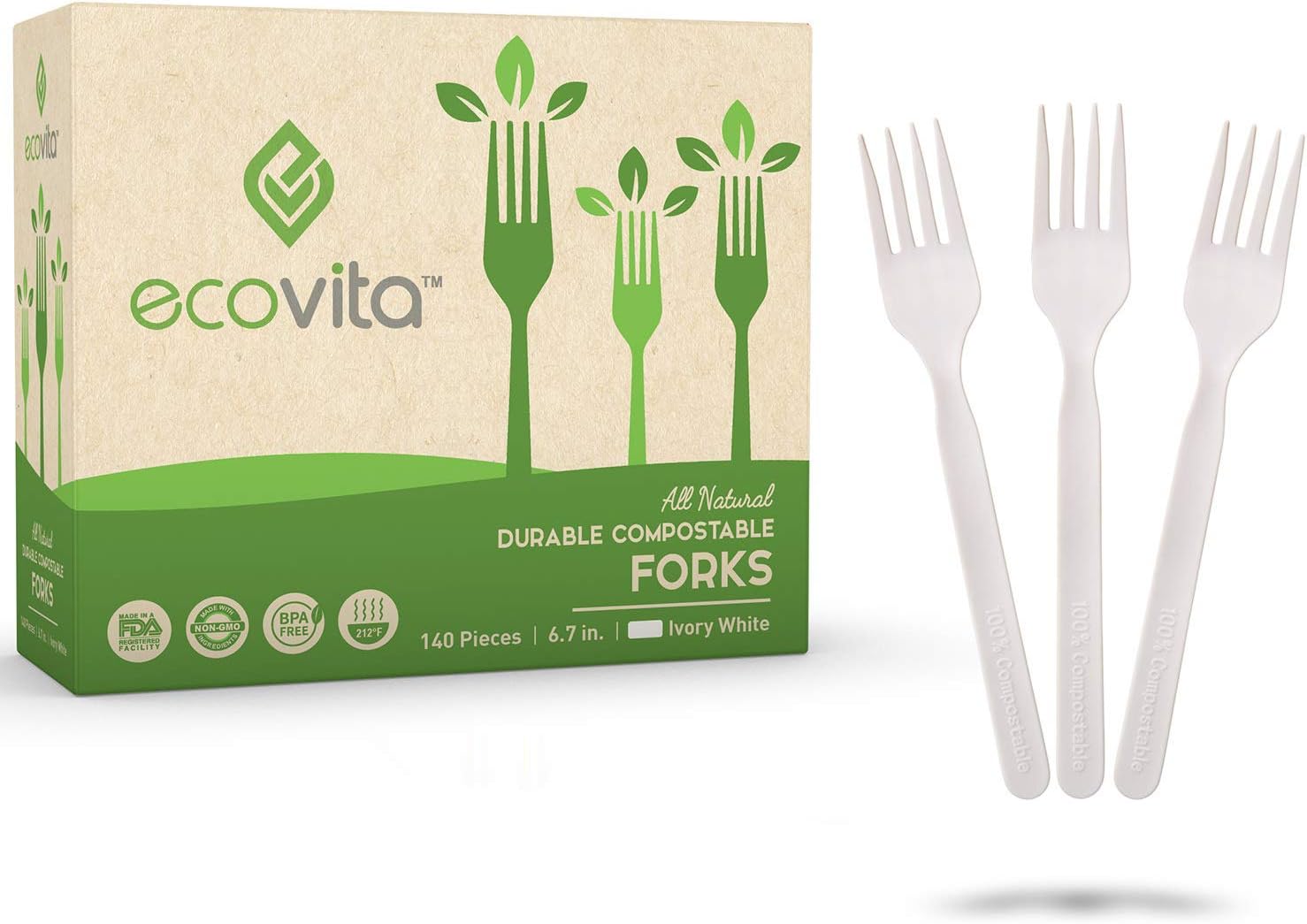 - 100% Compostable Forks - 140 Large Disposable Utensils (7 in.) Eco Friendly Durable and Heat Resistant Alternative to Plastic Forks with Convenient Tray by Ecovita