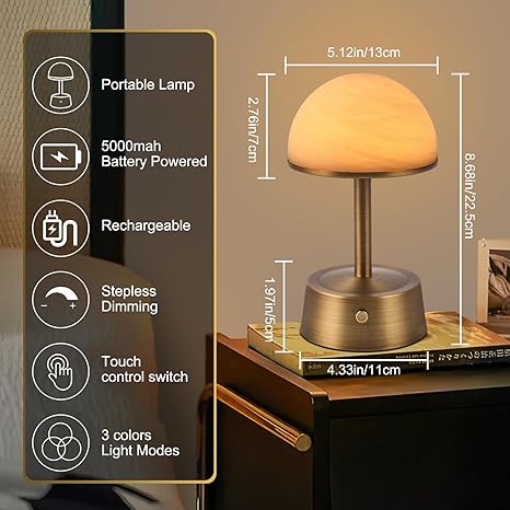 HOMLUCE Vintage Portable Cordless Table Lamp, 5000mAh Battery Operated Rechargeable Light, Stepless Dimmable Touch Control, Small Lamp for Dinning Room, Living Room, Kitchen Counter, Brushed Bronze photo 2