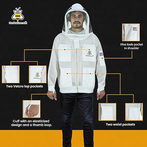 Miniatura 6 de BeeProGear - Chaqueta de apicultura de 3 capas para apicultores  Chaqueta de abeja con velo de esgrima para uni-sex con guantes de cuero a prueba de