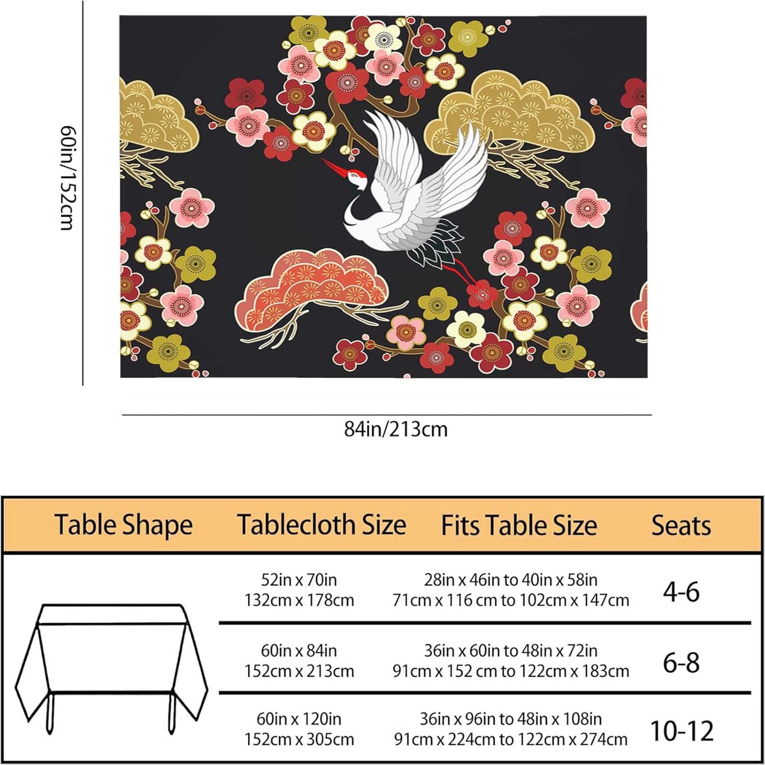 TKS MITLAN Japanese Crane Tablecloth 60x84 Inch Rectangular Asian Oriental Heron Bird Floral Branch Clouds Oblong Table Cloth Kitchen Table Decorations for Home Dinner Party