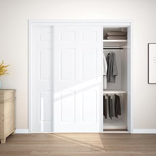 JUBEST 72x80 Sliding Bypass Closet Door: 6-Panel Steel Frame, Preassembled Paintable Hardboard Panels with Top & Bottom Tracks