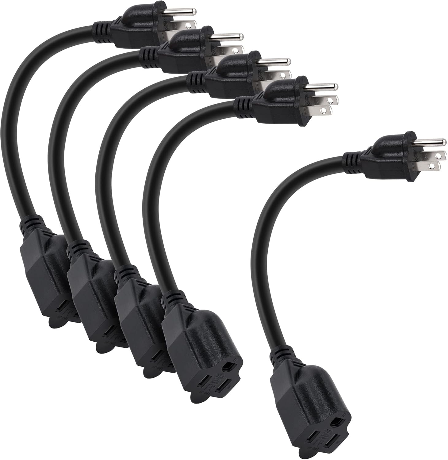 8 Inch Short Power Extension Cord 10Pack,90-Degree Low Profile Flat Plug 3-Prong Male to Female Heavy Duty Grounded Power Extension Cable Outlet Saver Socket Adapter, ETL Listed, 16AWG, SJTW 13A 1625W