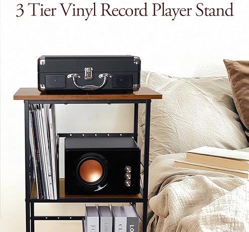 Miniatura 9 de Soporte para tocadiscos con 4 divisores ajustables, mesa auxiliar de 3 capas, almacenamiento de discos de vinilo con capacidad para 200 LPs, mesa