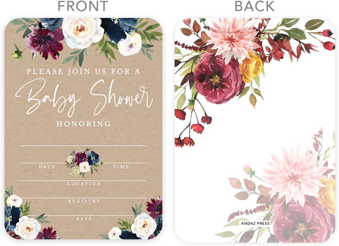 Andaz Press Kraft Brown with Burgundy Midnight Blue Florals Fall Baby Shower Party Collection, Blank Invitations with Envelopes, Floral Bouquet Graphic Design, 20-Pack