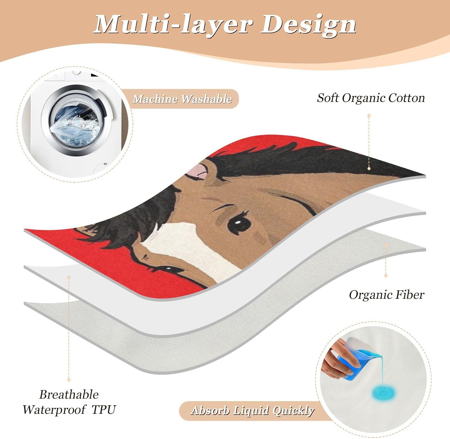 Funny Cartoon Heart Animal Horse Extra Large Resuable Bed Underpads Waterproof Washable Potty Training Pads Slip-Resistant Diaper Pads for Baby Boys Girls , 52" L x 34" W