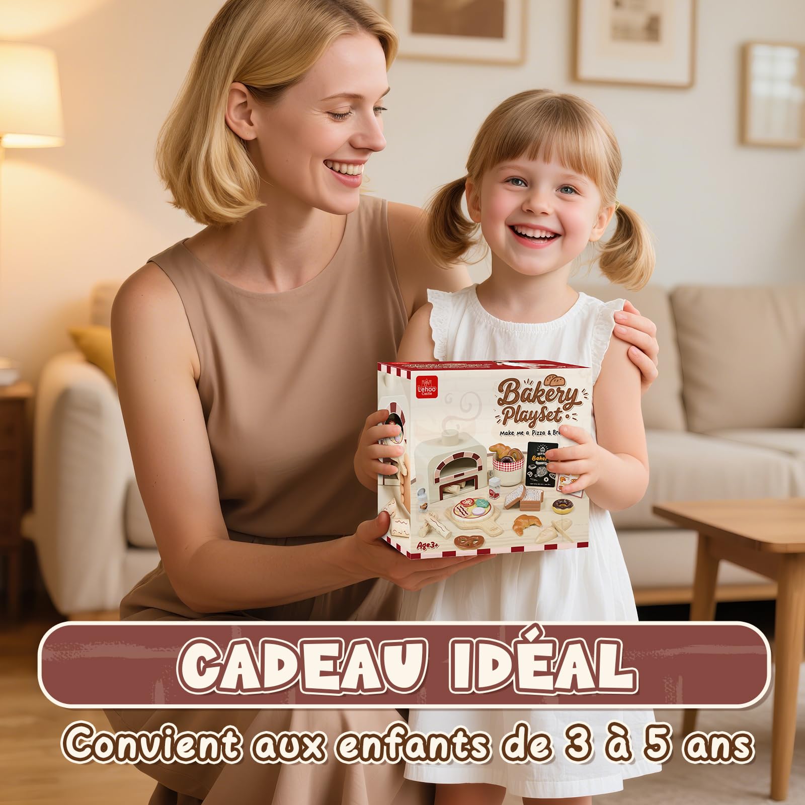 Lehoo Castle Accessoire Cuisine Enfant, Pizza Bois, Cuisine Enfant en Bois, Dinette 3 Ans, Jouet Éducatif Éveil Montessori | Ensemble de nourriture pour enfants de 3, 4, 5, 6, 7, 8 ans, cadeau pour fille et garçon