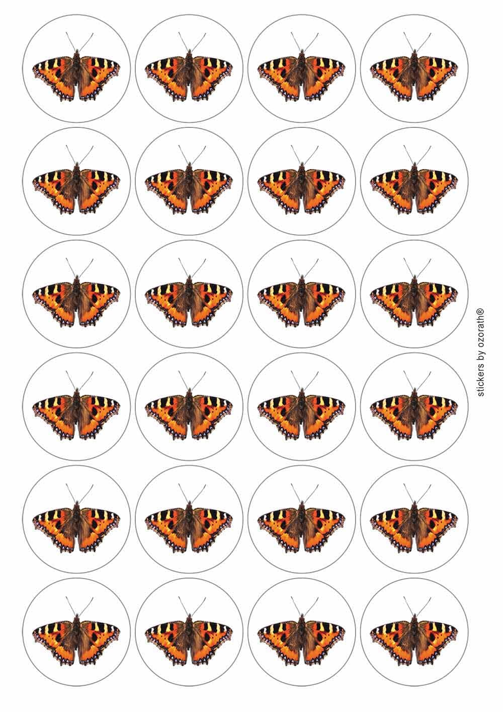 Ozorath Multicolor Tortoiseshell Butterfly Circular Matt Paper Stickers A4 Sheet Of 24 (Each Sticker Is 45Mm Diameter)