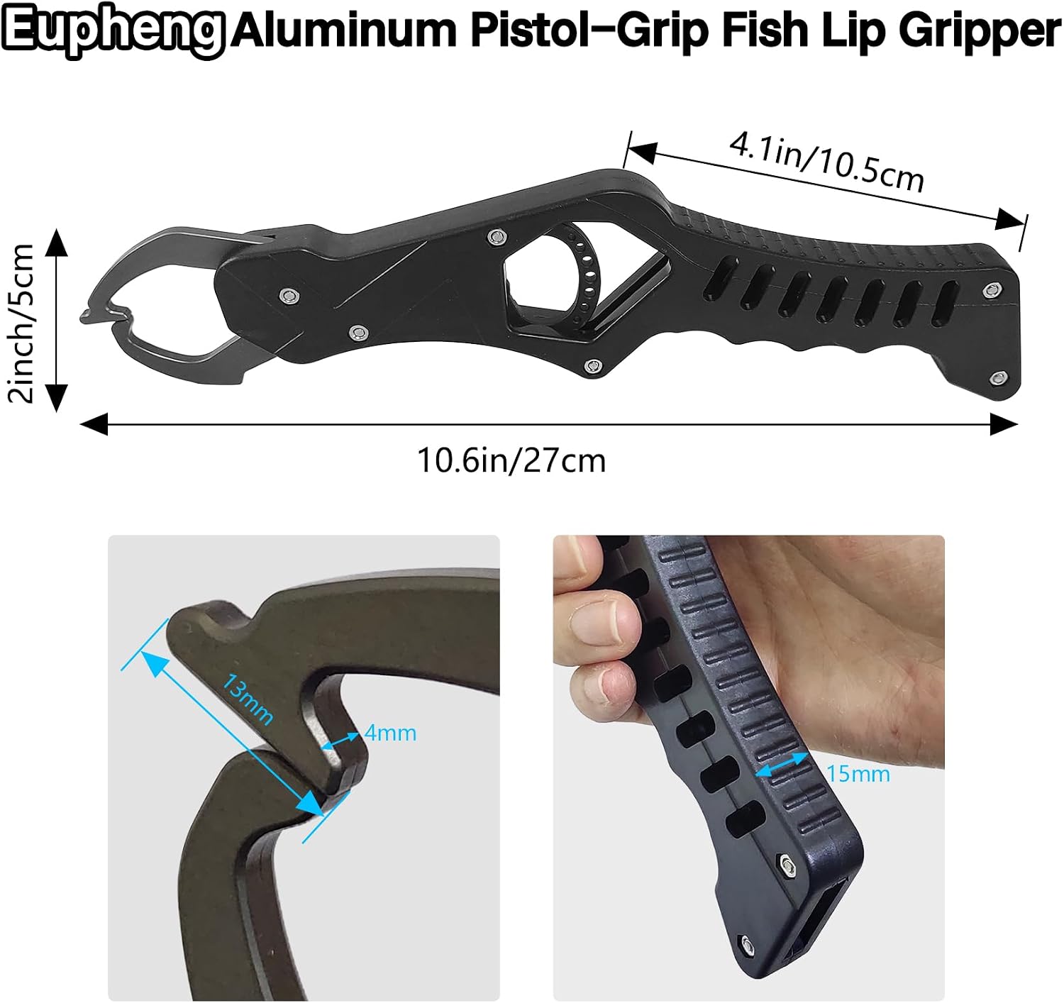 Eupheng Aluminum Pistol-Grip Fish Lip Gripper, One-Hand Operation Lightweight Fish Grabber Tool, Catfish Grippers Pliers for Lure Fishing and Kayak Fishing Accessories