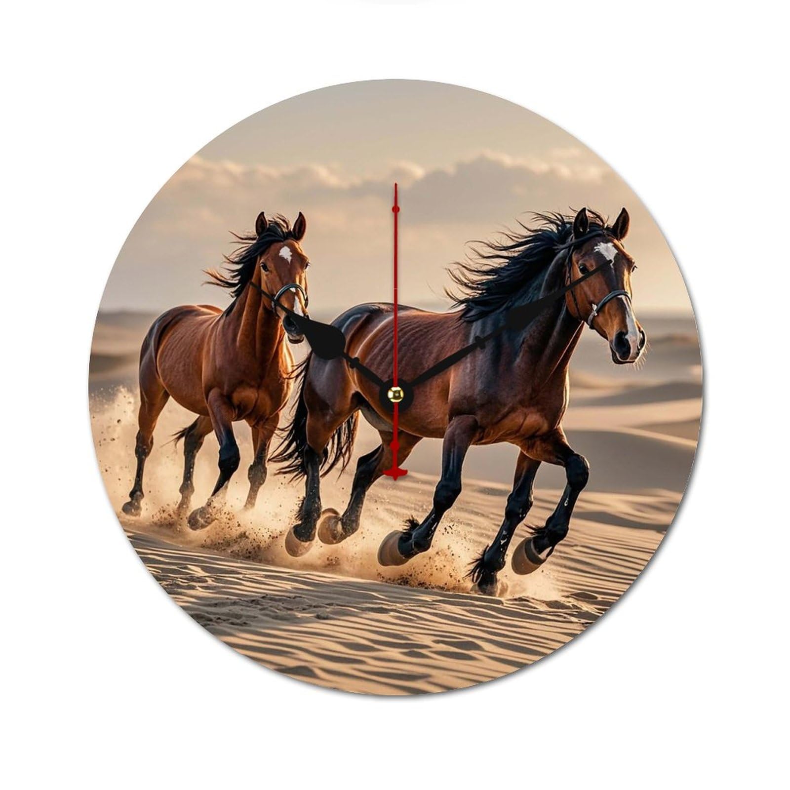 Horloge sans cadre en bois motif chevaux de 60 cm pour salon et salle de bain