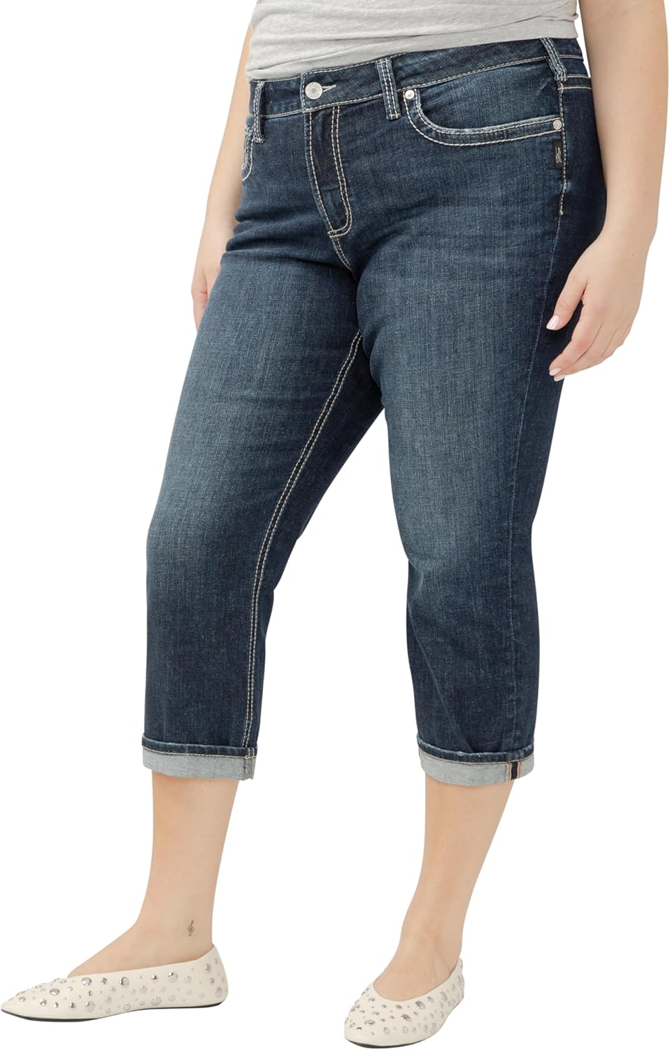Silver Jeans Co. Women's Plus Size Suki Mid Rise Curvy Fit Capri Jeans, Dark Wash Indigo, 18 Plus - Image 2