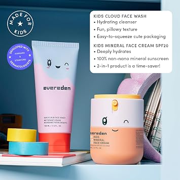 Evereden Kids Face Wash & Mineral SPF 20 Cream Set, Safe for Sensitive Skin | Developed with Harvard & Stanford Dermatologists, Gentle Kids Face Wash, Mineral SPF 20, Zinc Oxide, Vitamin B5, Headband