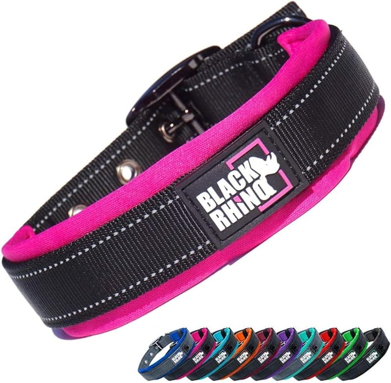Coleira para Cães Black Rhino com Neoprene Macio e Costura Refletiva, Ajustável, Pink/Black, Pequena