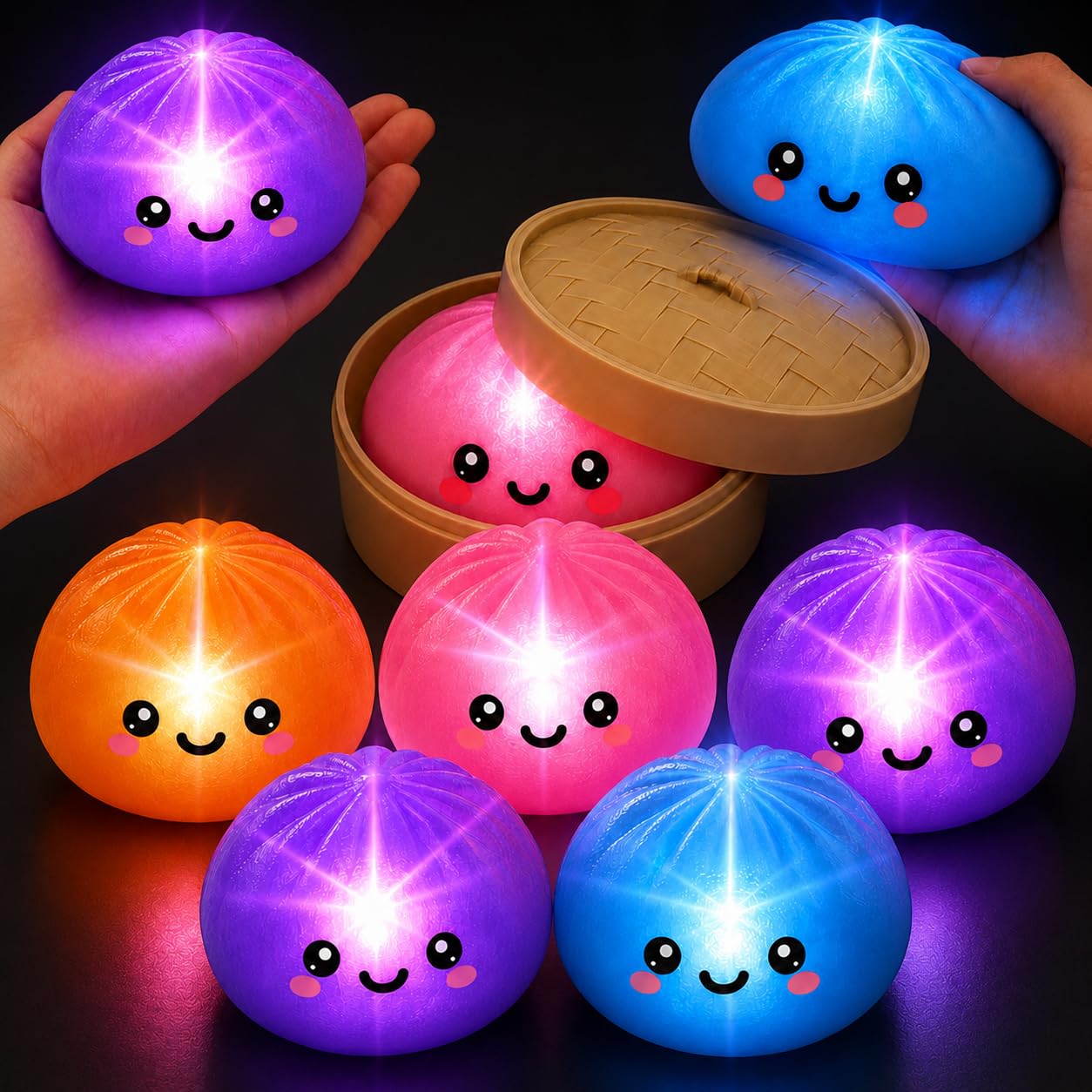 LED Dumpling Toys 8.5cm - 6x Random Squishy Bao Bun with Plastic Steamer Box, Fidget Mystery Squeeze Toy, Reusable Basket, Kids Party Bag Gift Age 3+