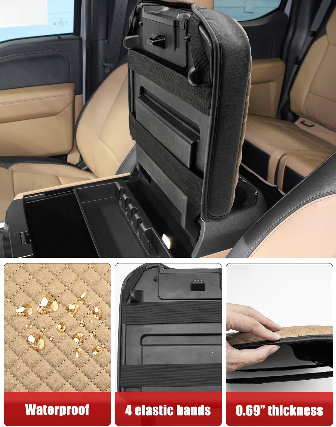 KBH Center Console Armrest Cover for F250-F550 Super Duty 2023-2026, Bucket Seat, Vinyl Leather Interior Trim, Arm Rest Lid Cushion Rrotector, Anti-Scratch, Baja Tan