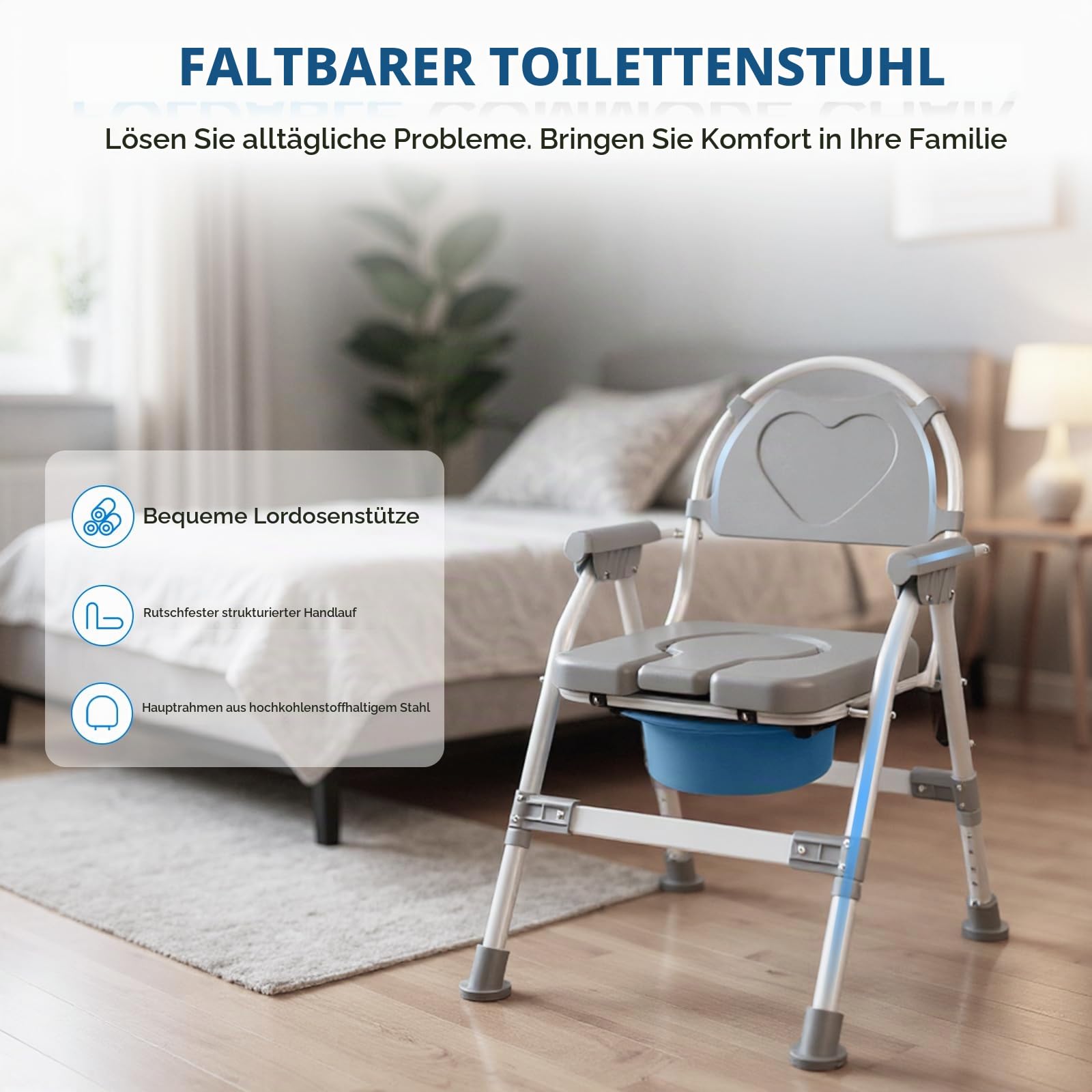 Leichter klappbarer Toilettenstuhl für ältere und behinderte Menschen - höhenverstellbarer Duschstuhl mit gepolstertem Sitz, einfaches Abnehmen des Töpfchens, tragbarer grauer WC-Sitzrahmen