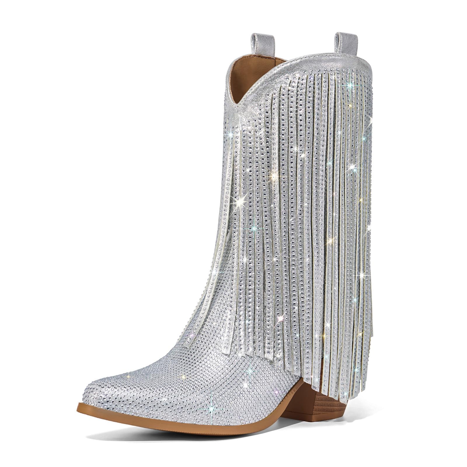 Rollda Rhinestone Cowboy Boots for Women Sparkly Cowgirl Boots with Pointed Toe Fringe Womens Western Boots Chunky Heel