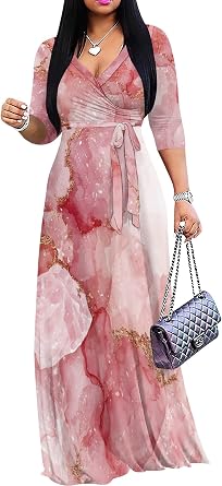 Plus Size Dresses for Women Print Maxi Dresses 3/4 Sleeve with Belt