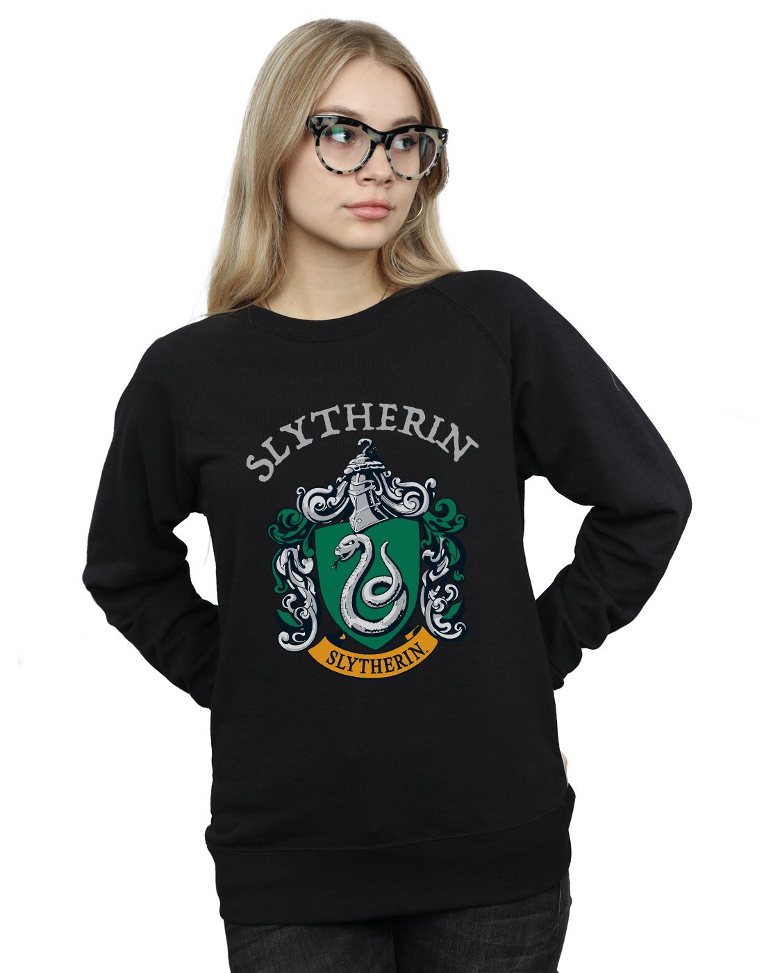Harry Potter Women's Black Slytherin Crest Sweatshirt In Large