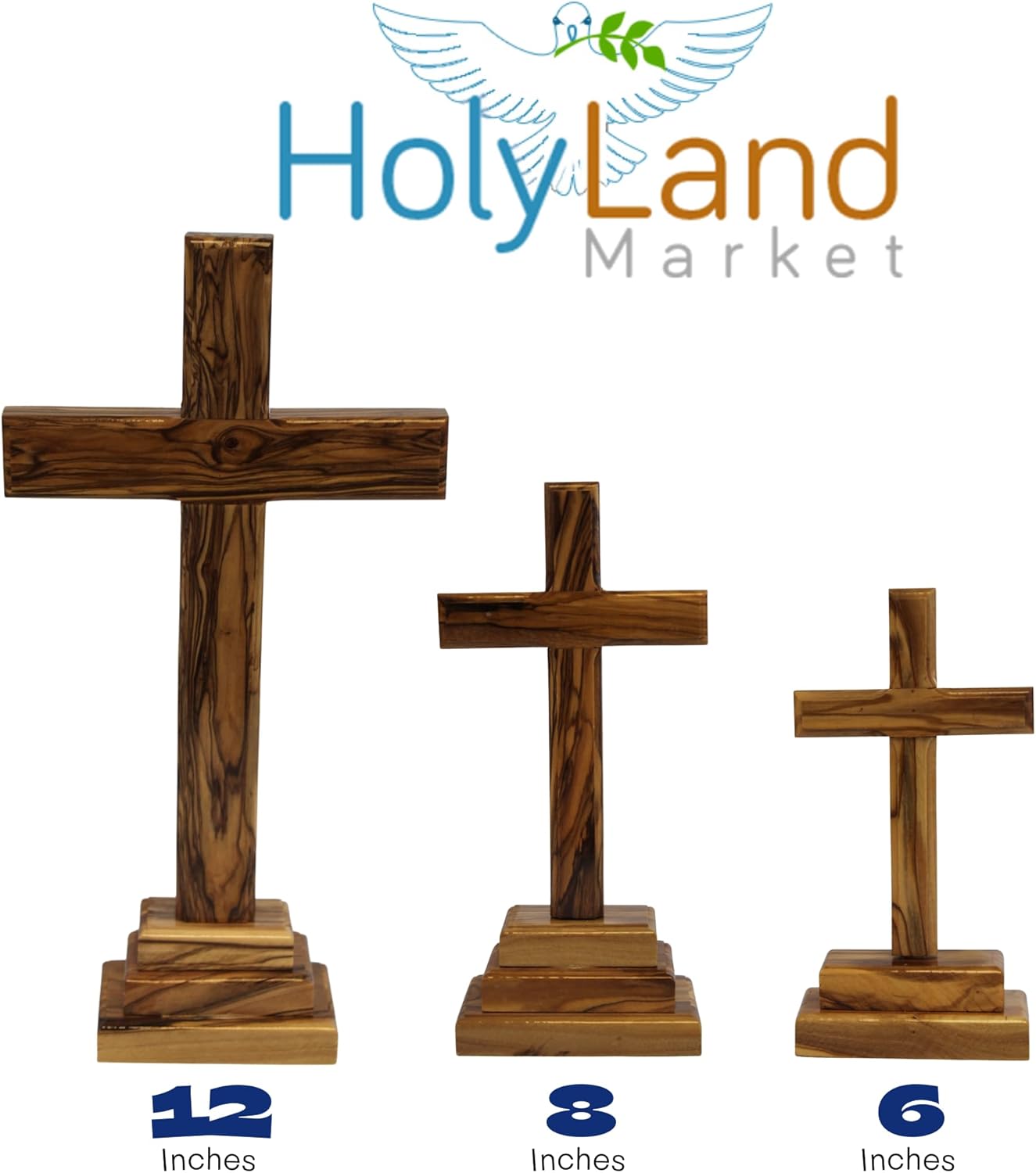Holy Land Market 8” Olive Wood Standing Altar Cross – Hand-Carved in Bethlehem by Christian Artisans – Tabletop Crucifix with Certificate of Authenticity & Prayer Card – Genuine Holy Land Olive Wood