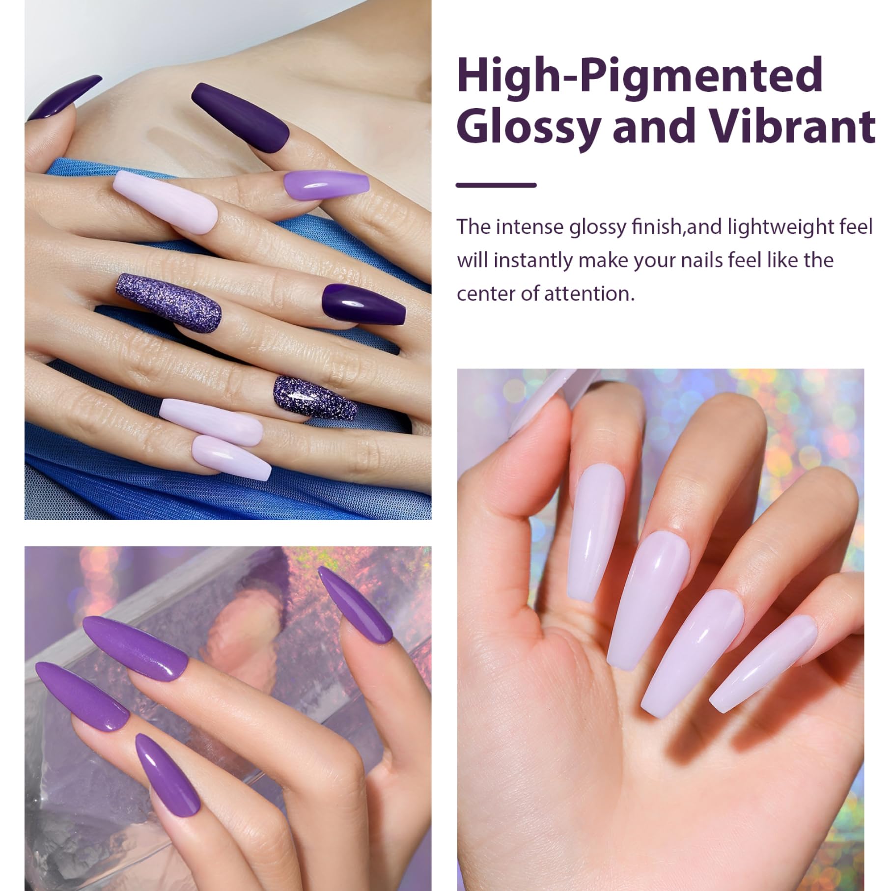Kit de poudre de trempage pour ongles 4 couleurs, sans danger pour la peau, comprend une base activatrice/une couche finition, un pinceau, un bâton tampon, violet, bleu, longue durée pour les débu