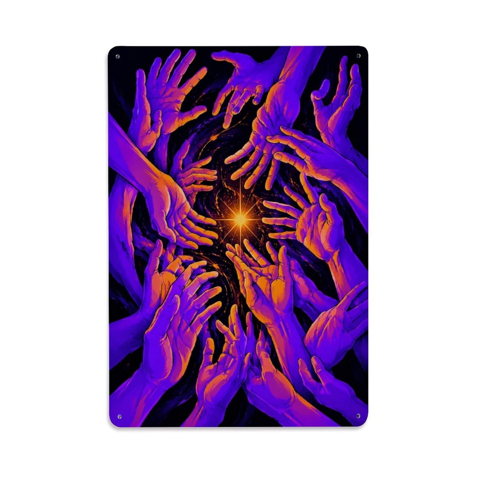 Psychedelic Reaching Hands Surreal Neon Cosmic Metal Tin Sign Plaque Wall Decor for Cafe, Man Cave, Club Bar, Office, Home Garden Round Metal Poster 8x12Inch