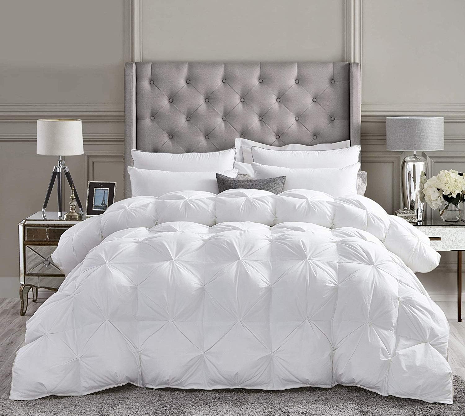 All-Season Luxury - Pintuck Style 100% Organic Cotton Alaskan King Size 136 x 120 Inches 3-Piece Pinch Pleat Comforter with 4 Corner Tabs, 500 GSM - Machine Washable (White Solid)