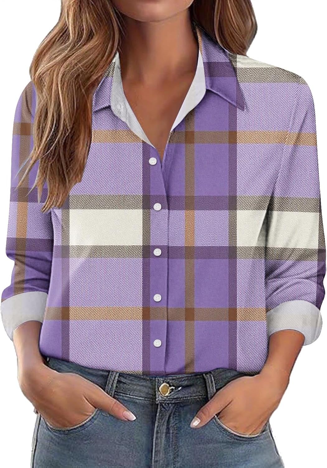 Womens Button Down Shirt Dressy Casual Plaid Print Work Tops Business Long Sleeve Blouses Fall Clothes Outfits