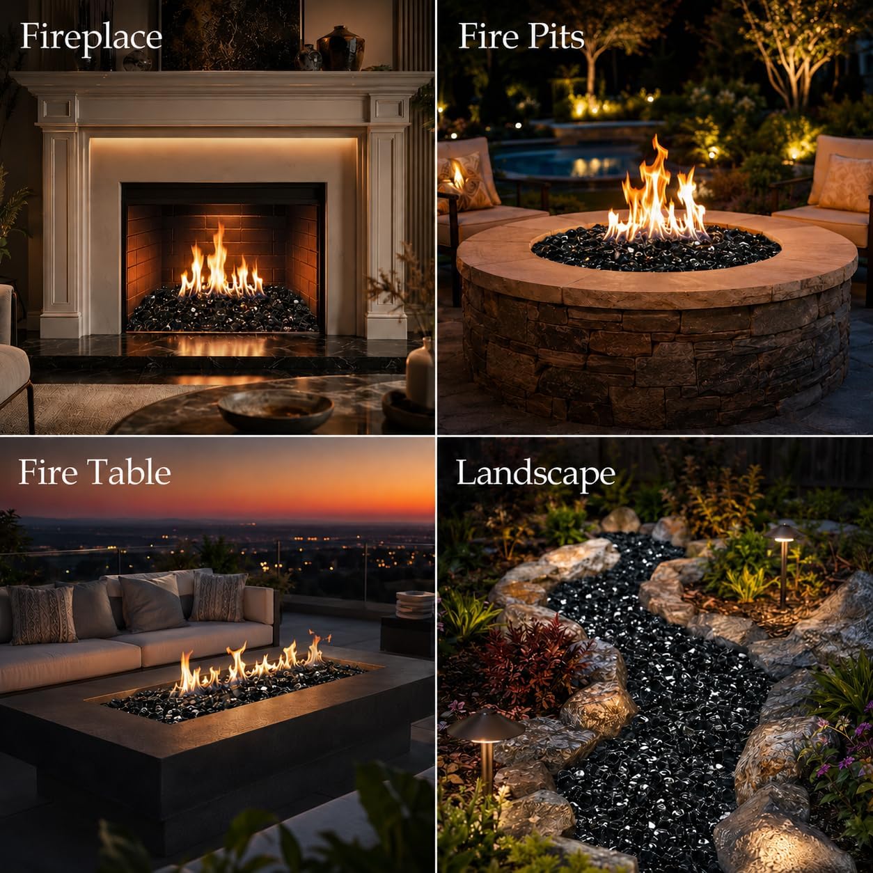 GRISUN Onyx Black Fire Glass for Fire Pit, 20 Pounds 1/2 Inch High Luster Reflective Tempered Glass Rocks for Natural or Propane Fireplace, Safe for Outdoors and Indoors Firepit Glass