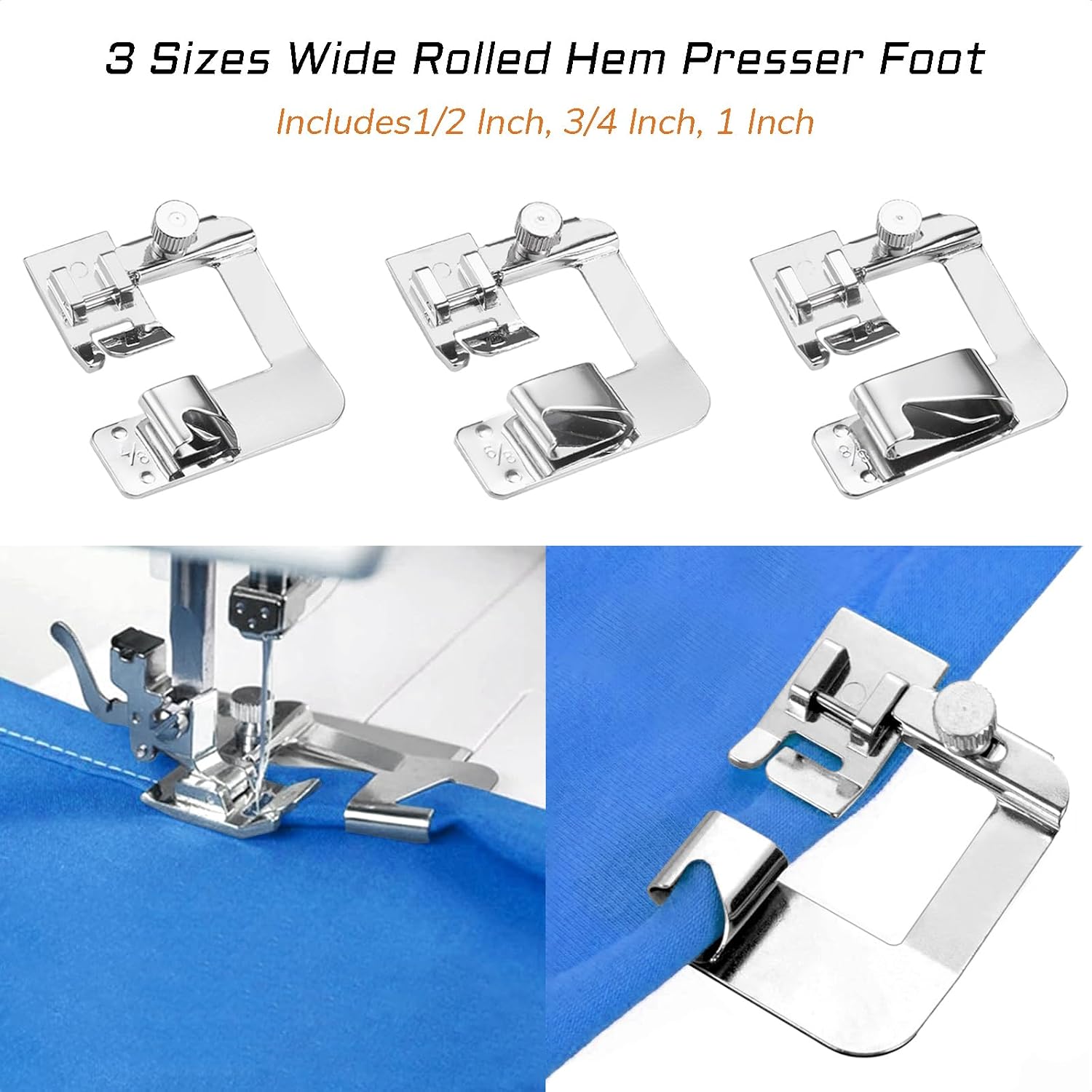 FIKLOTA Rolled Hem Presser Foot Set - 3 Piece Wide Hemmer Foot Kit image 4