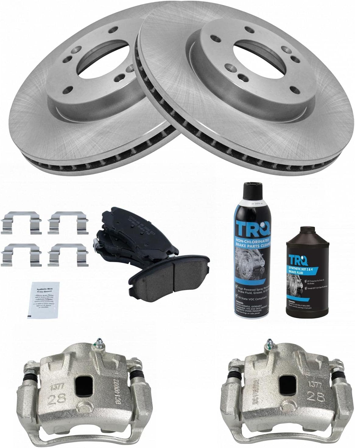 TRQ Front Brake Pad & Rotor Kit Brake Caliper Brake Chemical Kit Brake Pads Brake Rotor Ceramic Vented Compatible with 2005-2009 Hyundai Tucson 2005-2010 Kia Sportage