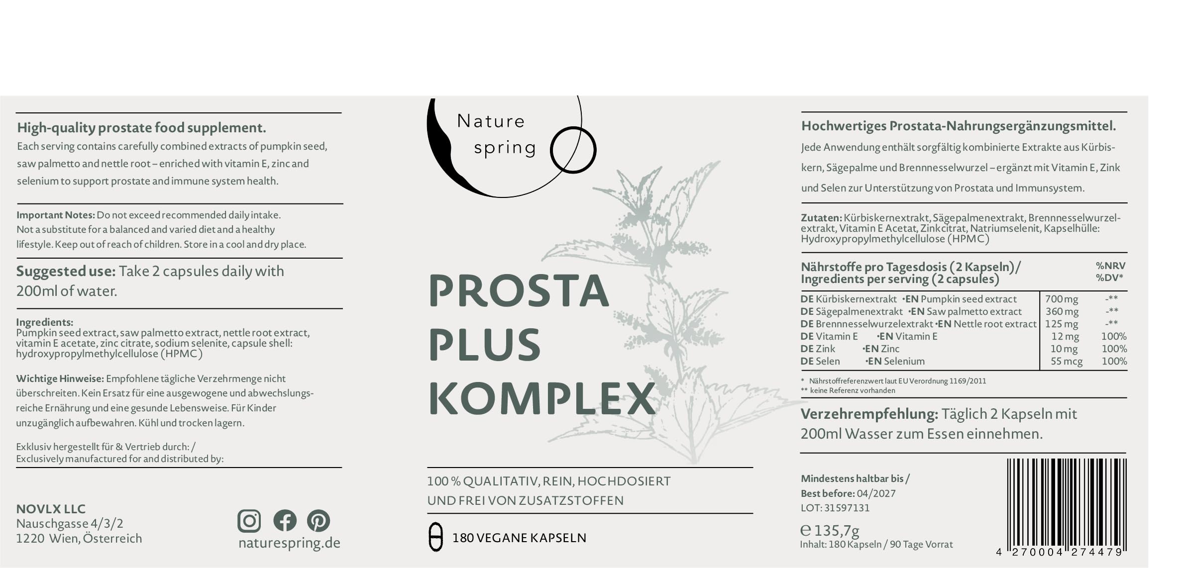 Prosta Plus Komplex - 180 Prostata Kapseln hochdosiert - einzigartige Formel aus Kürbiskern-, Sägepalmen-, Brennnesselwurzelextrakt mit Zink, Vitamin E & Selen - geprüfte Prostata Komplex Kapseln