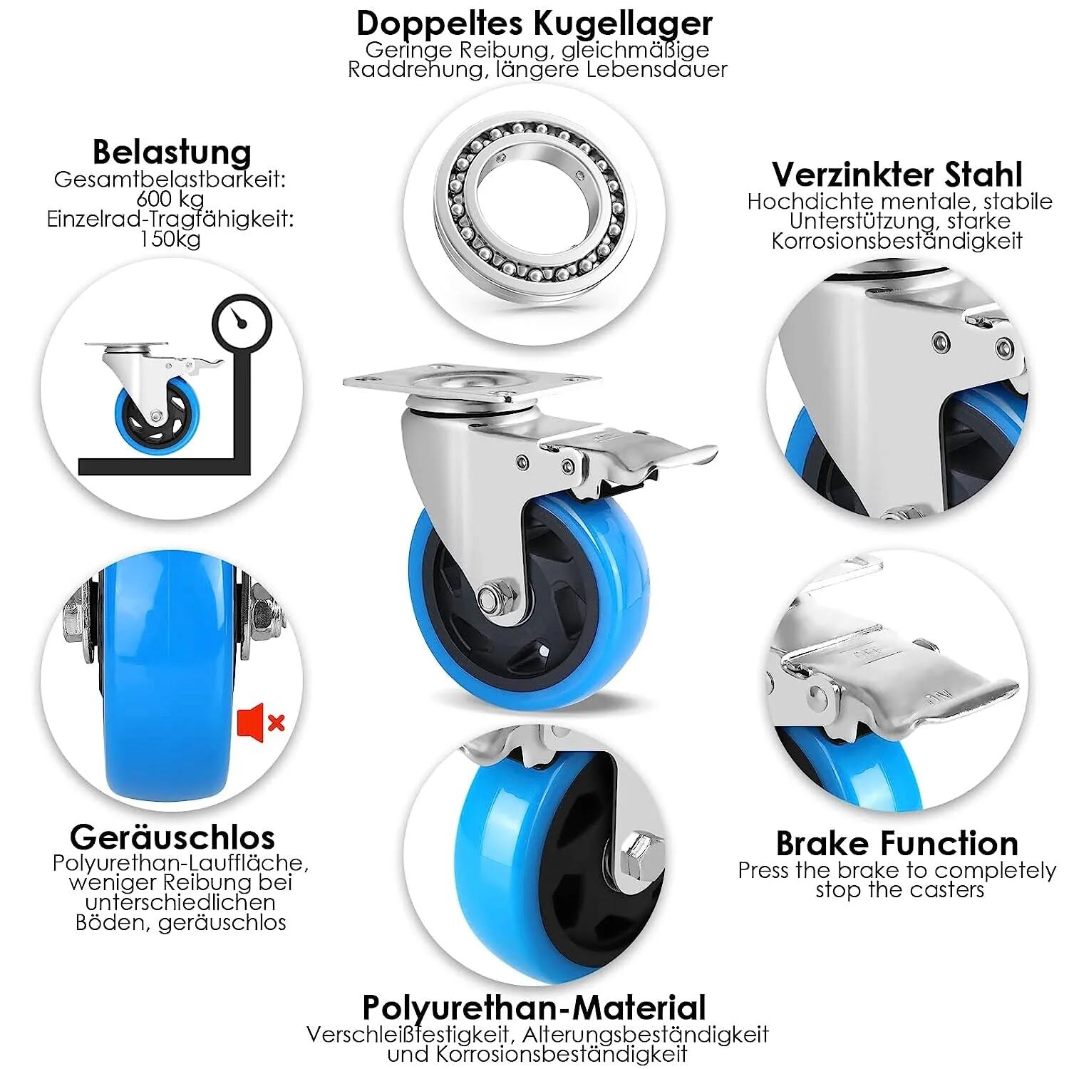 Premium Transportrollen 100mm mit Bremse | Möbel-Transporthilfe Gummi | Möbelrollen 8 Stück
