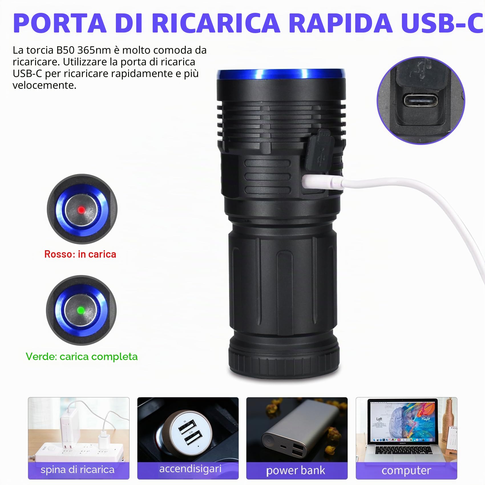 DARKBEAM Torcia UV 365nm LED Torce Luce nera ultravioletta, Lampada di Wood Portatile USB ricaricabile 50W, Rilevare di urina animale domestico, per Minerale, Ambra, polimerizzazione della resina