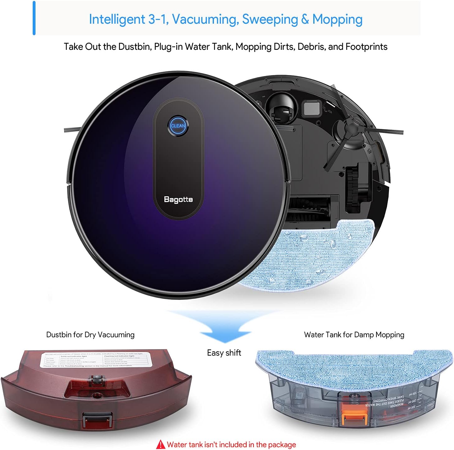 Bagotte BG600MAX showing 3-in-1 vacuuming, sweeping, and mopping functions