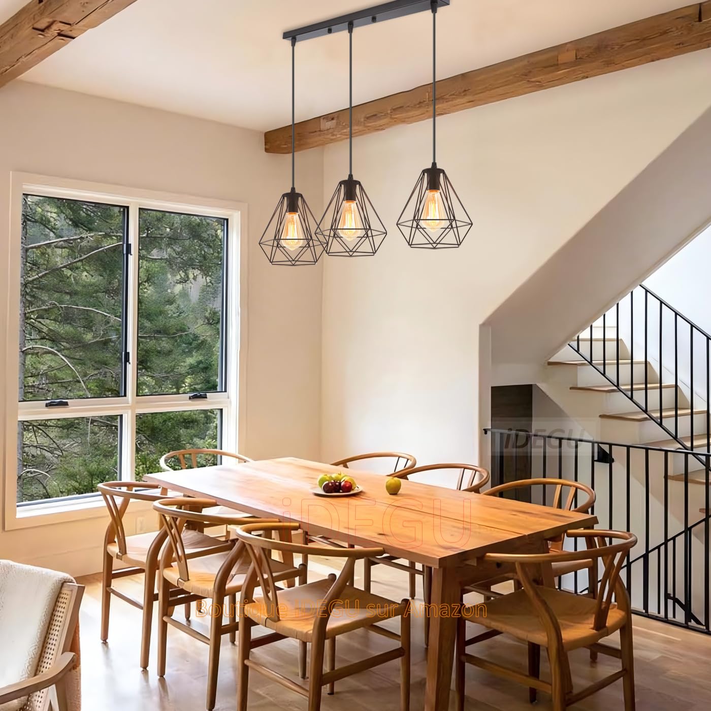 iDEGU 3 Luci Lampadario a Sospensione Vintage Industriale Lampada da Soffitto Paralume a Forma di Gabbia in Metallo E27 Lampada a Sospensione per Cucina Sala da Pranzo Soggiorno (Palo)