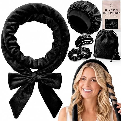 Velvet Heatless Hair Curler for Heatless Curls Overnight – 63" No Heat Curls Overnight Rod with Cap, Clip & Ties, Curling Set Without Heat for Easy Hair Curling at Home, Black