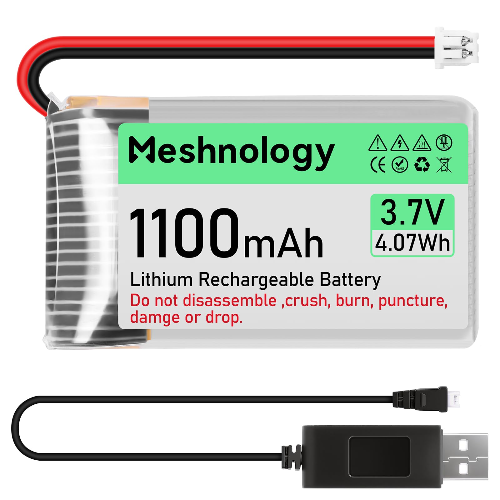 Meshnology 3.7V 1100mAh Li Battery with USB Charger Cable 102540 1S LiPo Battery with Protection Board Insulated Rubber Tape and Micro JST 1.25 Plug for Arduino ESP32 Module Board Drone RC Car (1Pack)