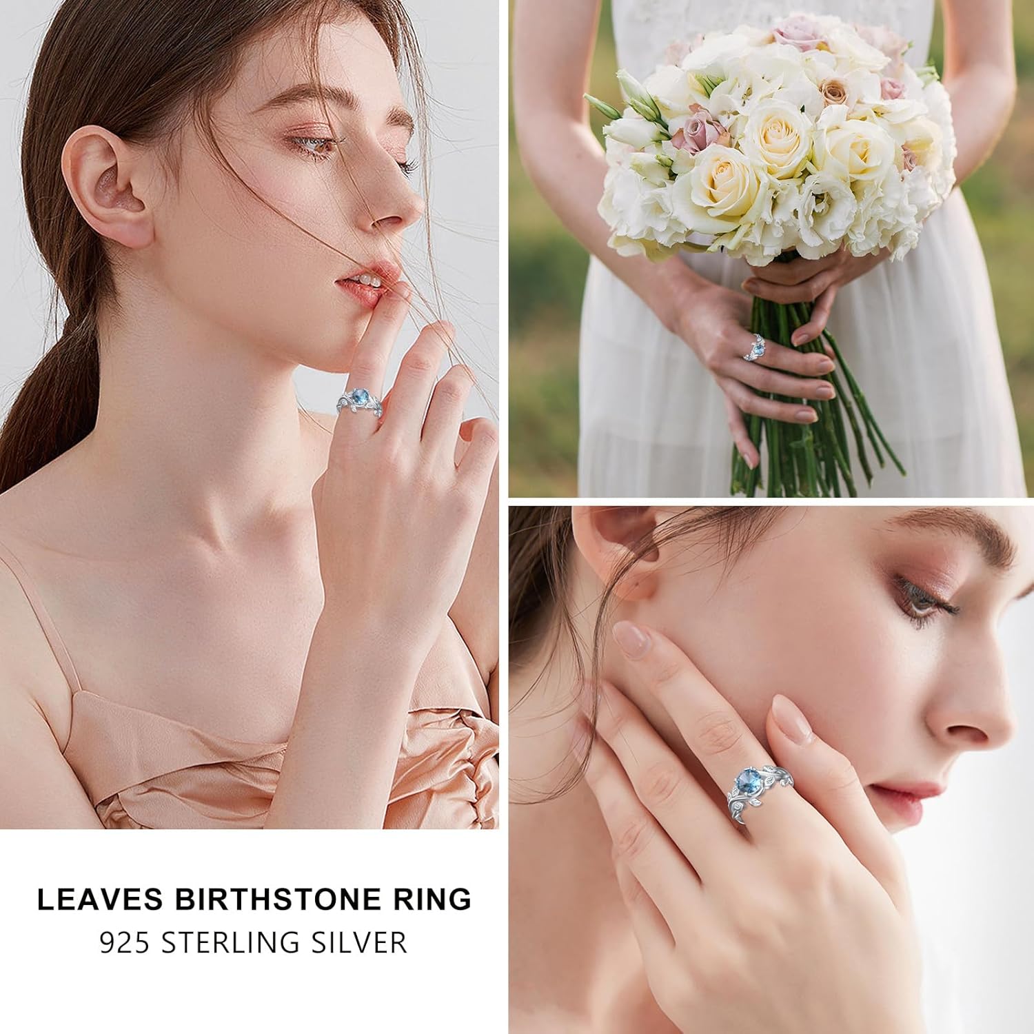 March Birthstone Ring for Women Sterling Silver Aquamarine Leaf Ring Promise Ring for Her Round Shaped 6 MM Gemstone Branch Statement Ring - Image 5