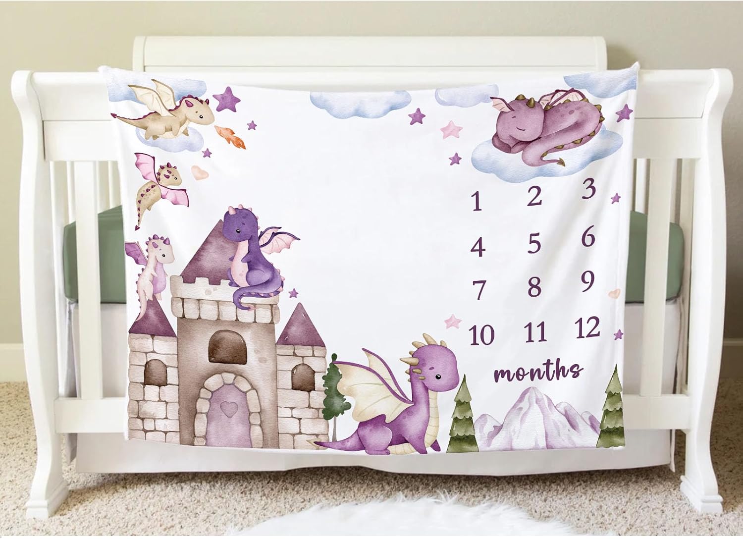 Yuzioey Dragon Girl Milestone Blanket, Dragon Fairy Tale Baby Growth Chart Monthly Blanket, Watch Me Grow Purple Dragon Baby Nursery for New Moms Shower(50"x40")