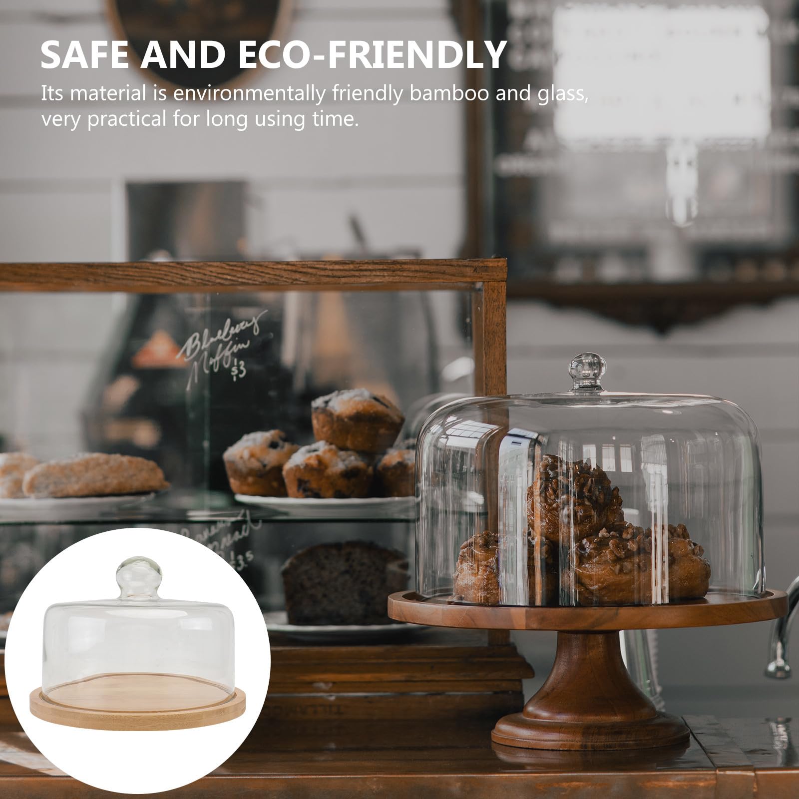 Zerodeko Set per Dolci Vassoio Girevole in Bamboo e Coperchio in Vetro Trasparente, per Mantenere Puliti Snack e Pasticceria in Occasione di Housewarming