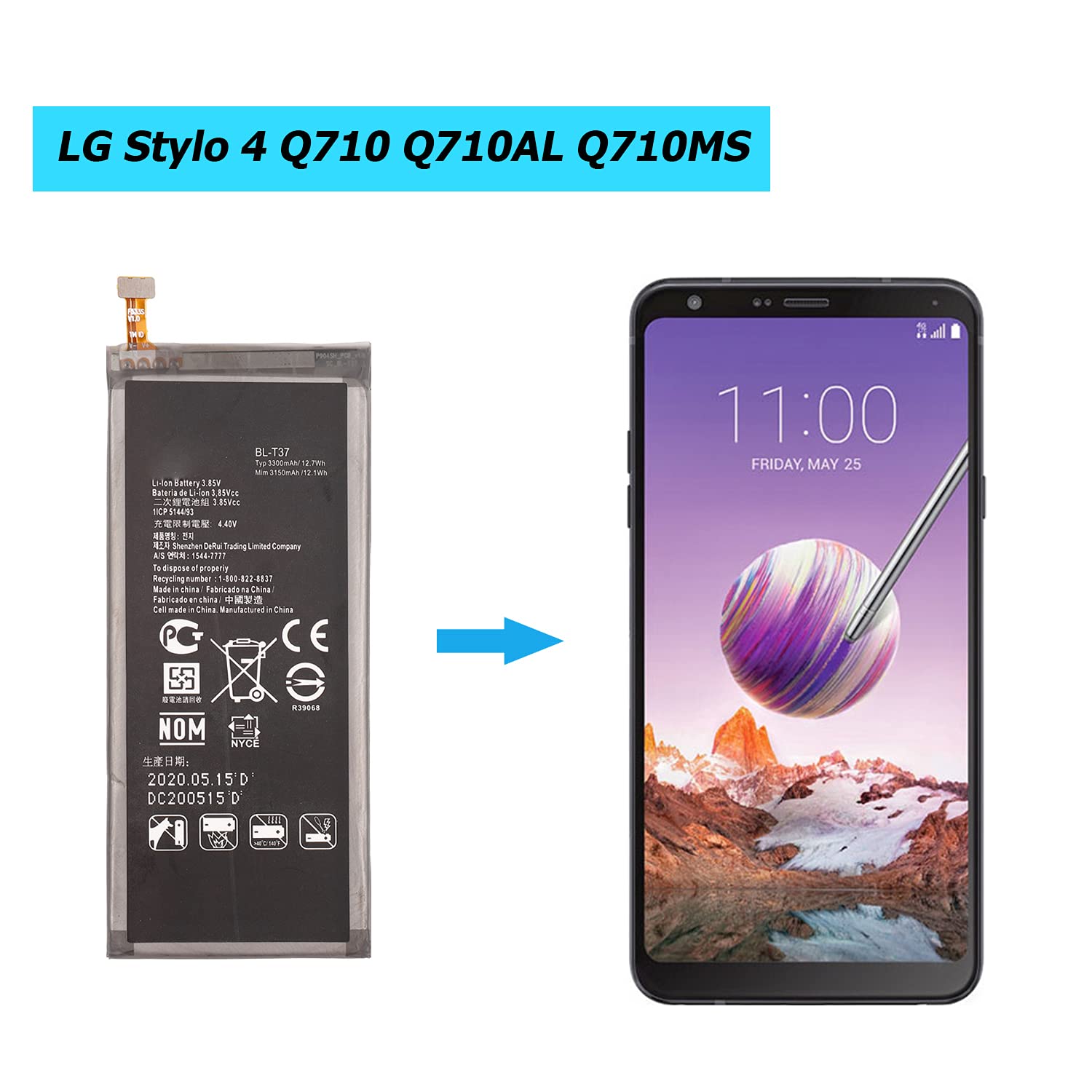 BL-T37 Replacement Battery Compatible with LG Stylo Q710 Q710MS Q710CS Q8  2018 LG V40 ThinQ with Toolkit