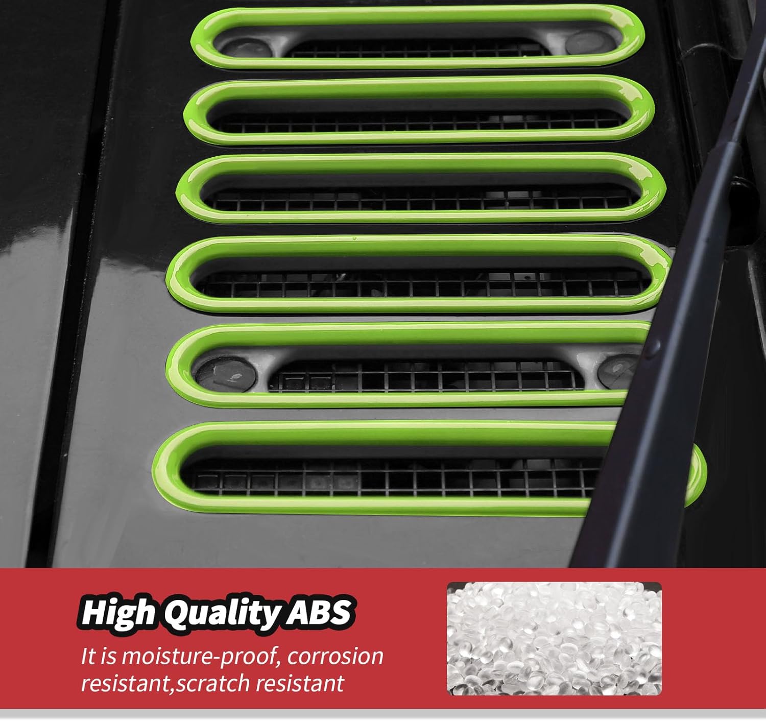 JeCar 10pcs Green Windshield Wiper Covers & Hood Vent Inserts Trim Kit for 2007-2018 Jeep Wrangler JK Exterior Accessories