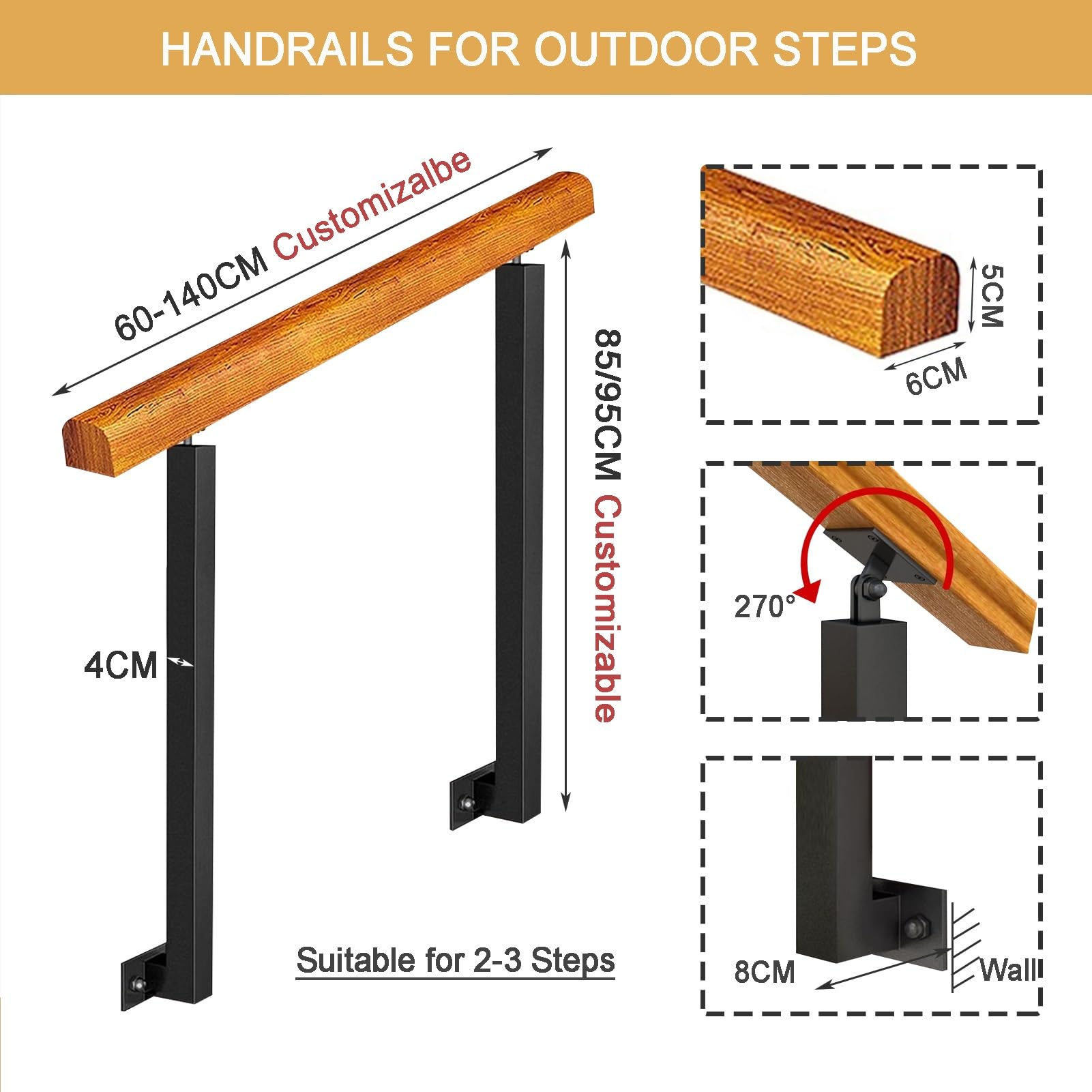 Corrimano in legno per gradini esterni, ringhiera di supporto manuale per terrazza o veranda, striscione da parete a 1-3 gradini, altezza 95 cm/110 cm, maniglione per interni/esterni