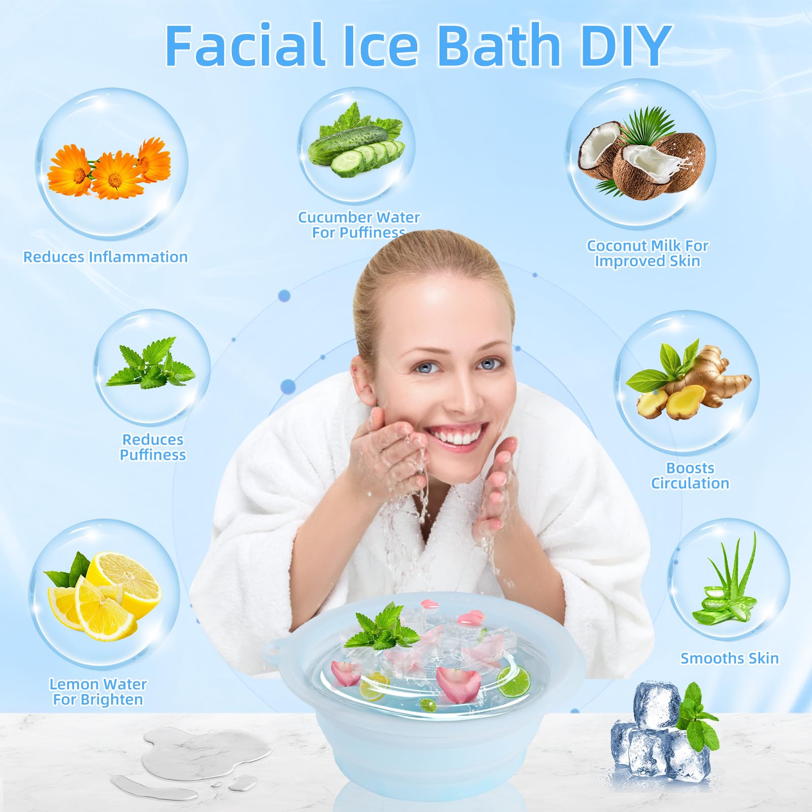 Face Ice Bath Bowl, Silicone Ice Facial Folding Washbasin, Foldable Ice Bath Artifact, Portable Washing Basin, Face Ice Bath Water Chiller for Soothe Skin, Reduce Puffiness, Pore Shrinking