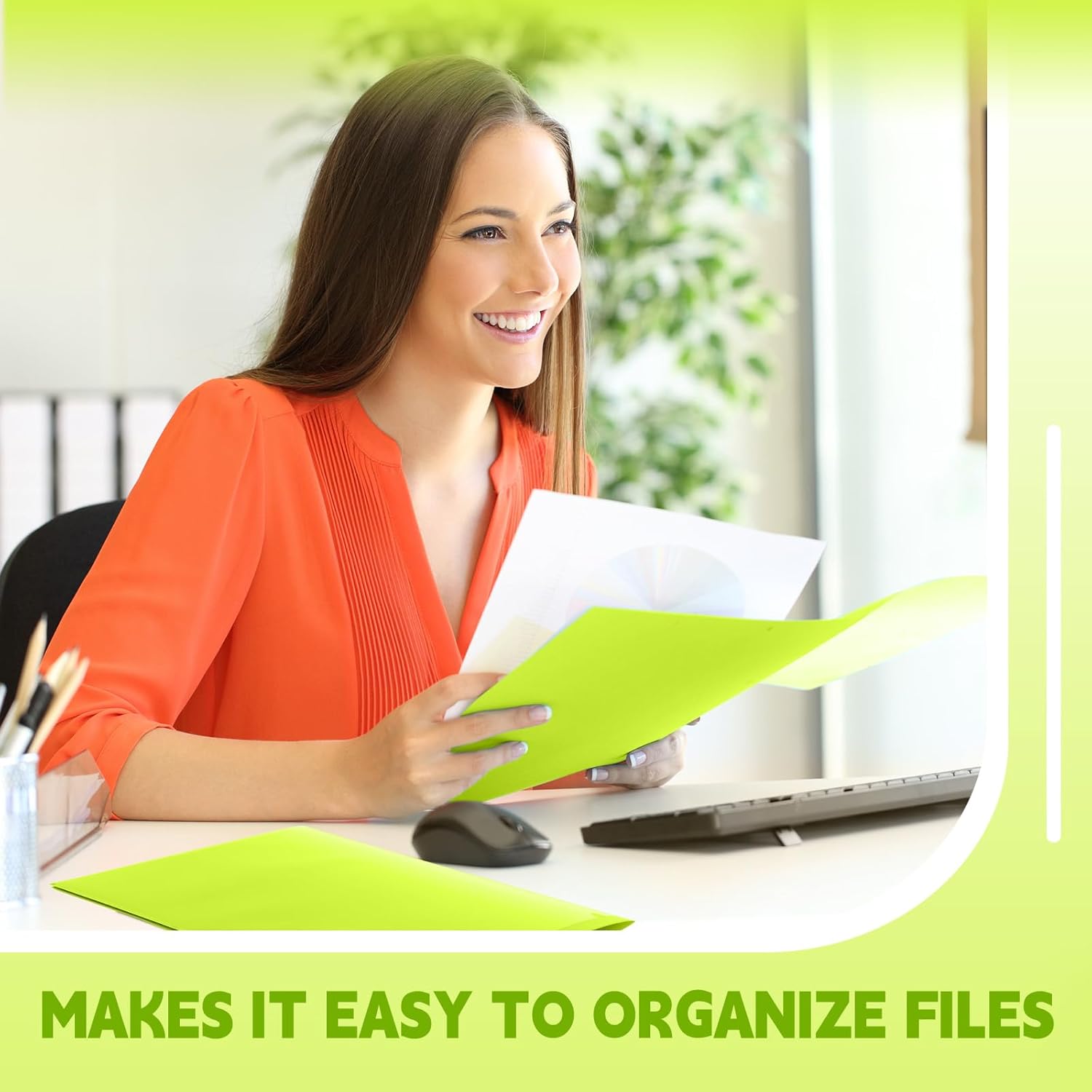 Henoyso 18 Pack Fluorescent Green Plastic Folders with Clear Front Pockets Heavy Duty File Folders with 2 Pockets and Card Slot for Student Communication School Office Presentation Report