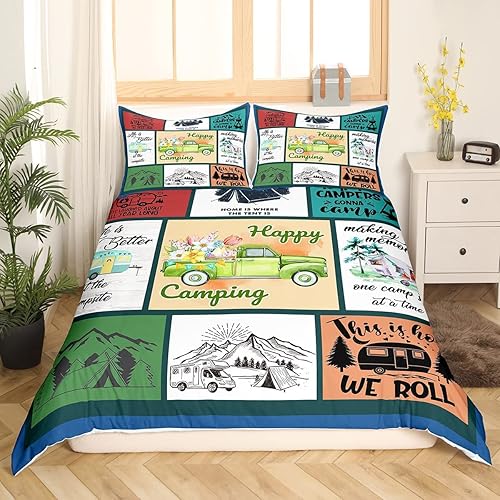 Juego de ropa de cama tamaño Queen, funda de edredón de campamento para niños, estilo campista, estilo rústico, estilo granja, funda de edredón con