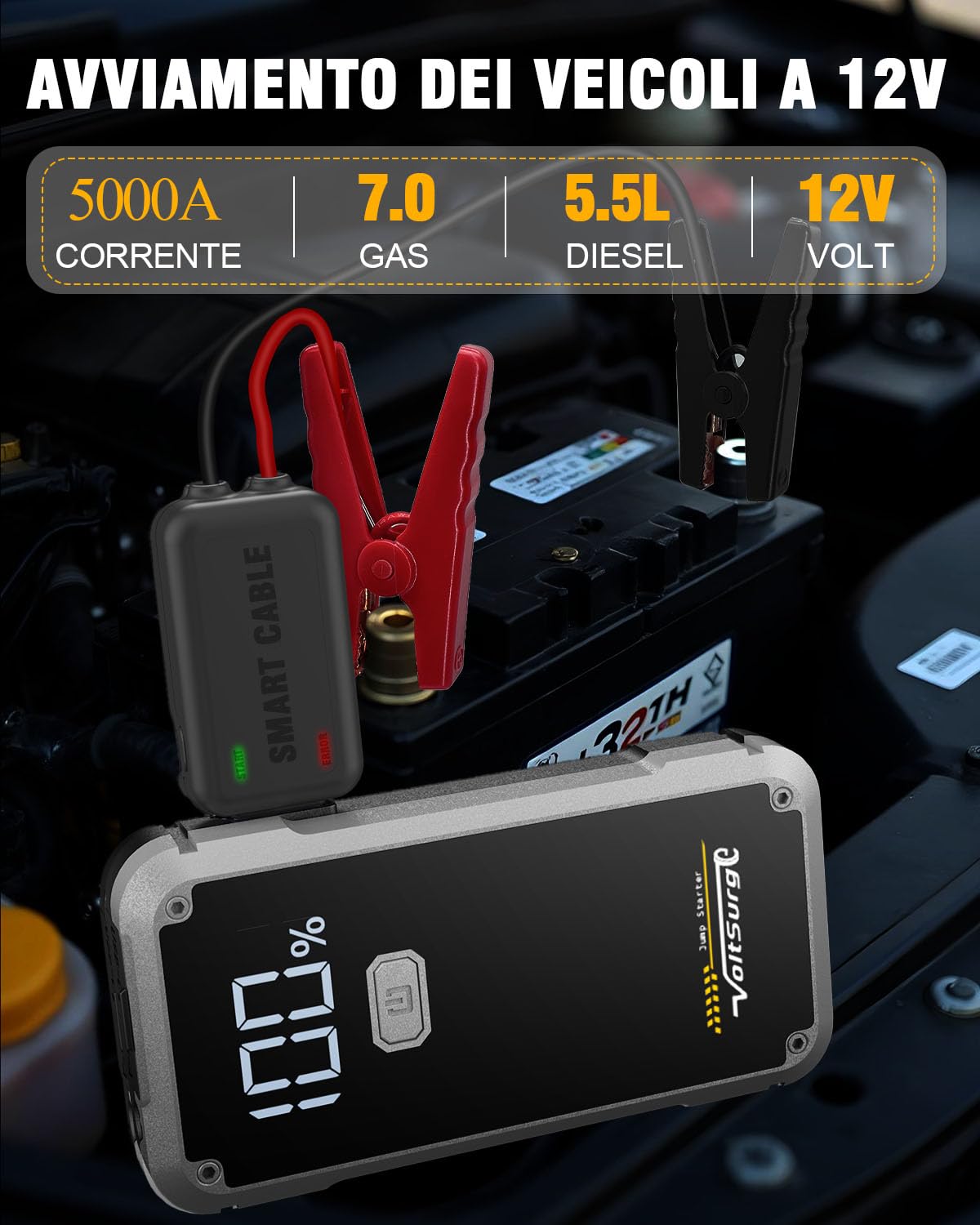 Avviatore Batteria Auto VoltSurge 6000A - Power Bank Portatile Con Display LCD E Torcia LED - Per Benzina E Diesel Fino A 10L