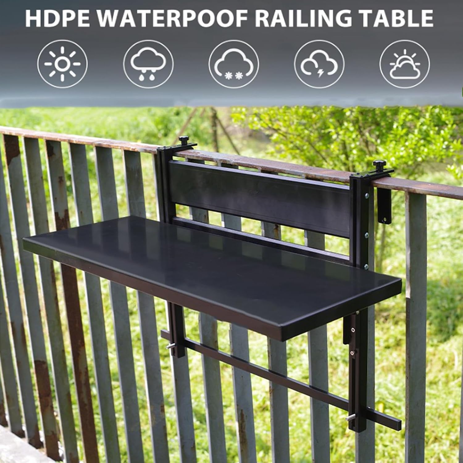 Adjustable Height Foldable Balcony Bar Table for Railing - Space-Saving Outdoor Patio Desk, Small Hanging Garden Furniture (White, 23.6 x 11.8 in)