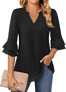Uhiger Flutter 3/4 Length Sleeve Womens Tops Dressy Casual Chiffon Blouse Double Layer Business Work Tunic Shirts